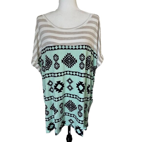 NWT LULAROE LEAH Cuff Sleeve Tunic Top Size 3XL Mint Green Aztec Print Soft - Picture 1 of 7